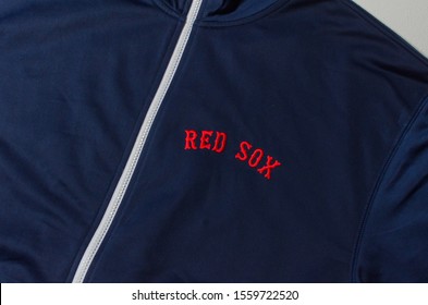 London, England, 05/05/2018 A Retro Rare Boston Red Sox Majestic Zip Up Embroidered Sweatshirt Jacket Men's. Baseball Sports Memorabilia Apparel From The United States Of America.