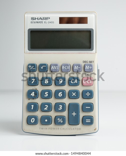 london,\
england, 05/05/2018 A retro solar powered vintage solar powered\
calculator. 1980s technology for school maths and accounting.\
nostalgic equipment with analog rubber\
buttons