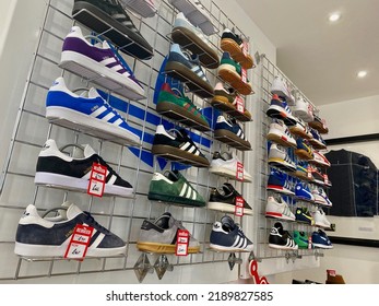 London, England - 1 August 2022: A Display Of Traditional And Retro Adidas Trainers And Sports Shoes In A Mens Designer Clothing Shop