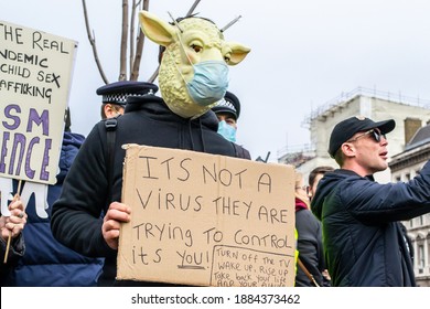 LONDON, ENGLAND- 14 December 2020: Anti-lockdown Protester Wearing A Sheep Mask At A Protest In Parliament Square, Organised By The National Alliance For Freedom From Lockdowns