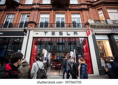 LONDON, ENGLAND, 15 FEBRUARY, 2017:Tesla Motors Store Tesla Is A Carmaker Of Electric Cars. Tesla’s Mission Is To Accelerate The World’s Transition To Sustainable Energy.