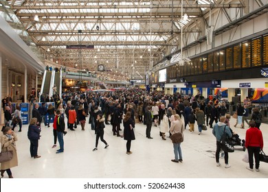 London, England - 15 Oct, 2016: Waterloo Train And Underground Station At London, England Is Crowded With Passengers.  It Is A Major Underground Railway Station.