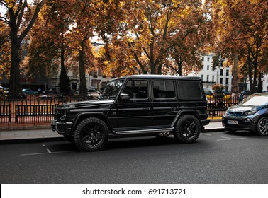 London, England - 17.06.17: Mercedes-AMG G63 parked at Berkeley Square in Mayfair. The G Wagon is a very popular SUV in the UK. This G63 is the second most powerful production model of G Wagon.