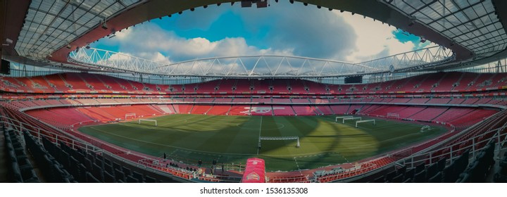 LONDON, ENGLAND - 20 DEC 19 : Emirates Stadium a home stadium for Arsenal Football Club. They won a gold trophy in Premiere League competition and they are "Invisible" team on 2001/2002 season. 