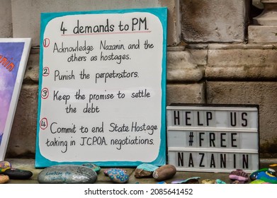 LONDON, ENGLAND- 26 October 2021: Signs And Trinkets In Support Of Nazanin As Richard Ratcliffe Embarks On A Hunger Strike Outside The Foreign Office