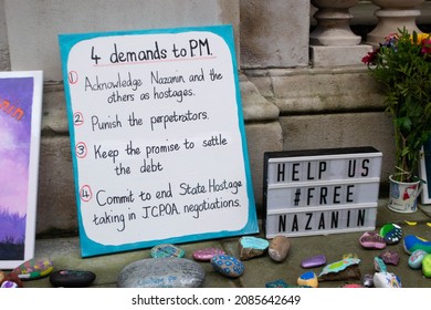 LONDON, ENGLAND- 26 October 2021: Signs And Trinkets In Support Of Nazanin As Richard Ratcliffe Embarks On A Hunger Strike Outside The Foreign Office