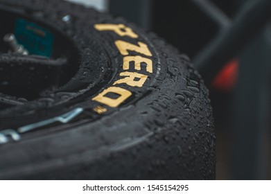 London, England, 28/10/19: close pictures of pirelli pzero tyres in a rain. Professional motorsports tyres made for good performance. Close, high in textures amd detail