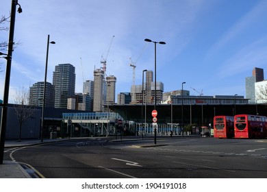 LONDON, ENGLAND - 28TH JANUARY 2021: A view of Stratford City from Stratford bus station. 