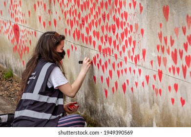 LONDON, ENGLAND- 31 March 2021: Volunteer Adding Love Hearts To The National Covid Memorial Wall