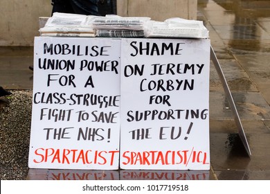 London, England. 3rd February 2018. EDITORIAL -  Propaganda Newspaper Stand With Signs At He NHS In Crisis Demonstration In Whitehall, London, In Protest Of Underfunding & Privatisation Of The NHS. 