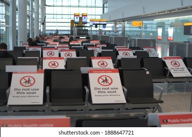 London, England, 3rd January 2021. Waiting To Board Area Departure Gate At London Heathrow Airport, With Covid 19 Restriction Notices In Place.