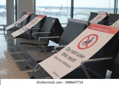 London, England, 3rd January 2021. Waiting To Board Area Departure Gate At London Heathrow Airport, With Covid 19 Restriction Notices In Place.