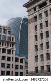 London, England - 9 June 2019: Fantastic Classic Architecture In City Of London With Skyscrapers In Background. New Versus Old Architecture. Classic And Modern Facade. 20 Fenchurch Street In London 