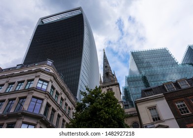 London, England - 9 June 2019: Fantastic Classic Architecture In City Of London With Skyscrapers In Background. New Versus Old Architecture. Classic And Modern Facade. 20 Fenchurch Street In London 