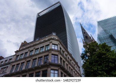 London, England - 9 June 2019: Fantastic Classic Architecture In City Of London With Skyscrapers In Background. New Versus Old Architecture. Classic And Modern Facade. 20 Fenchurch Street In London 