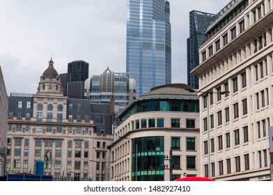 London, England - 9 June 2019: Fantastic Classic Architecture In City Of London With Skyscrapers In Background. New Versus Old Architecture. Classic And Modern Facade In London City