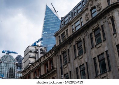 London, England - 9 June 2019: Fantastic Classic Architecture In City Of London With Skyscrapers In Background. New Versus Old Architecture. Classic And Modern Facade In London City