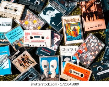 London, England - April 04, 2020: Selection of Popular Music on Audio Cassette Tape from the 1970s, 1980s and 1990s