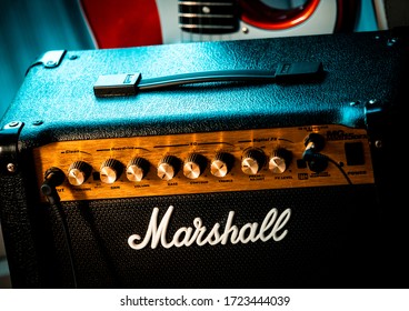 London, England - April 14, 2020: Marshall Electric Guitar Amplifier, Marshall Amplification was founded by Jim Marshall in London around 1962.  