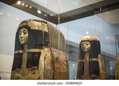 London, England - April 17, 2014. Egyptian Sarcophagus Inside The British Museum In London.