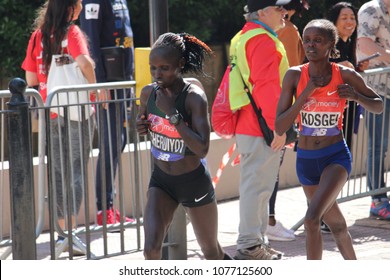 London, England, April 22nd 2018: Vivian Cheruiyot (Kenya) And Brigid Kosgei (Kenya) In The 2018 London Marathon