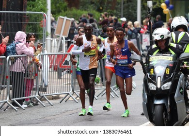 London, England, April 28th 2018: Eliud Kipchoge (Kenya) And Mosinet Geremew (Ethiopia) In The 2019 London Marathon