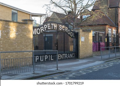 London / England -April 9th 2020: Morpeth Secondary School Back Entrance Gates Closed Due To Coronavirus London Lockdown Measures By UK Government. Mixed Boys & Girls Outstanding School. Bethnal Green