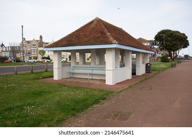 London England. April Saturday16th, 2022. A Bus Shelter On The Main Sea Road In Clacton A Holiday Resort. This Shelter Protects People From The Winds And The Rain.