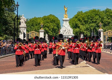 LondonEnglandAugust 05, 2018The band of the Coldstream Guards returns to barracks after changing the guard at Buckingham Palace