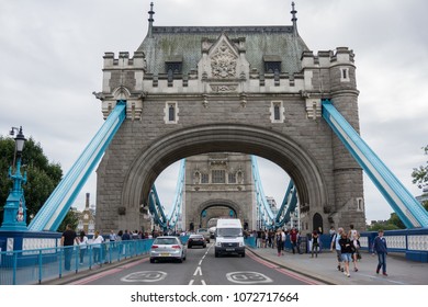 London, England - August 12 2015: Tower Bridge In London UK.
View Straight Down The Road Between The Arches.
