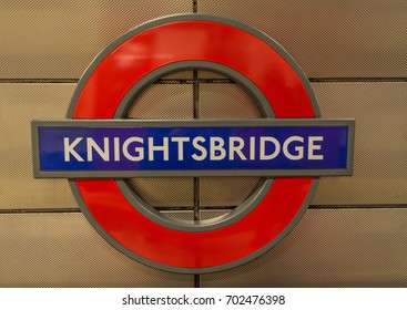 London, England - August 17, 2017: The London Underground Sign Inside The Knightsbridge Tube Station In London. Famous Harrods Department Store Is Near This Station.