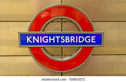 London, England - August 17, 2017: The London Underground Sign Inside The Knightsbridge Tube Station In London. Famous Harrods Department Store Is Near This Station.