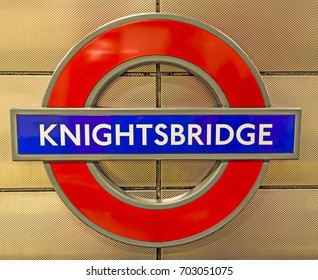 London, England - August 17, 2017: The London Underground Sign Inside The Knightsbridge Tube Station In London. Famous Harrods Department Store Is Near This Station.