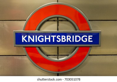 London, England - August 17, 2017: The London Underground Sign Inside The Knightsbridge Tube Station In London. Famous Harrods Department Store Is Near This Station.