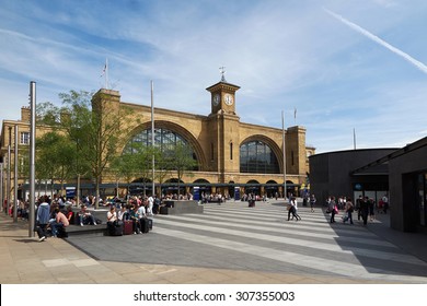 London, England August 2015 - Kings Cross Square And Railway Station With Blue Skies In The Background