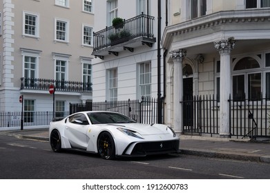 London, England - August 2019: Ferrari 812 Superfast (Novitec N-Largo) In White Color, In Mayfair. The Exhaust Of This Modified Supercar Is Especially Loud Making It Popular Among Car Enthusiasts.