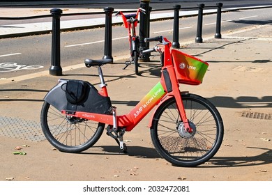 London, England - August 2021: Electric Bicycle For Rental As Part Of The Lime Bike Bicycle Sharing System In London..