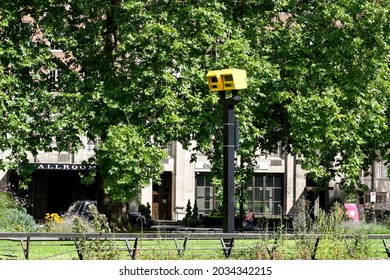 London, England - August 2021: Twin Speed Limit Enforcement Cameras On Park Lane In Central London