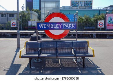 LONDON, ENGLAND - AUGUST 26, 2019: Wembley Park underground station sign on platform in London, England