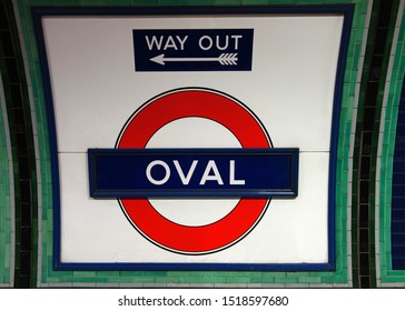 LONDON, ENGLAND - AUGUST 27, 2019: Oval Station Name Sign On The Wall Inside London Underground