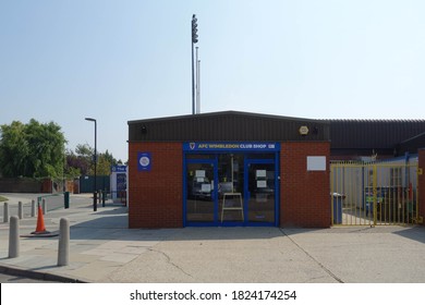LONDON, ENGLAND - AUGUST 27, 2019: View of AFC Wimbledon Club Shop at Kingsmeadow in London, England