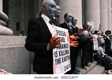 London, England - August 27, 2021:Extinction Rebellion Members Protest Against Fossil Fuel Finance Before The ‘Blood Money March’ In The City Of London.