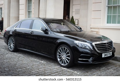 LONDON, ENGLAND - DECEMBER 18, 2016: A Black Mercedes Benz S Class Parked Outside A Hotel.