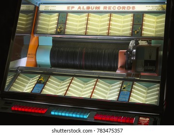 London, England - December 27th 2017: Jukebox Vintage Retro Music Record Player Collection Exhibition