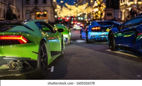 London, England - December 28, 2019: A Fleet Of Super Cars On The Streets Of London During The Christmas Period.