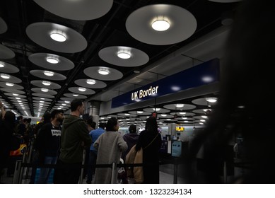 London, England – February 23, 2019: Brexit - Long Queues At UK Border Control And Immigration At London Heathrow Airport Terminal 5, England, United Kingdom, Europe