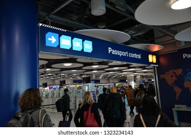 London, England – February 23, 2019: Brexit - Long Queues At UK Border Control, EU And Non-EU Passport Control And Immigration At Terminal 5 At London Heathrow Airport, England, United Kingdom, Europe