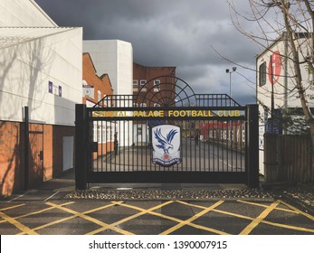 LONDON, ENGLAND - FEBRUARY 28, 2019: Crystal Palace FC Logo And Sign On Entrance Gate At Selhurst Park In London, England