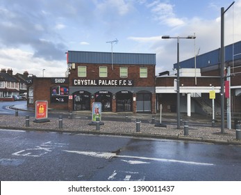 LONDON, ENGLAND - FEBRUARY 28, 2019: Street View With Crystal Palace FC Shop Outside Selhurst Park In London, England