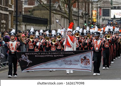 London, England, January 2016: Beverly Hills High School Marching Band At The London New Year's Day Parade